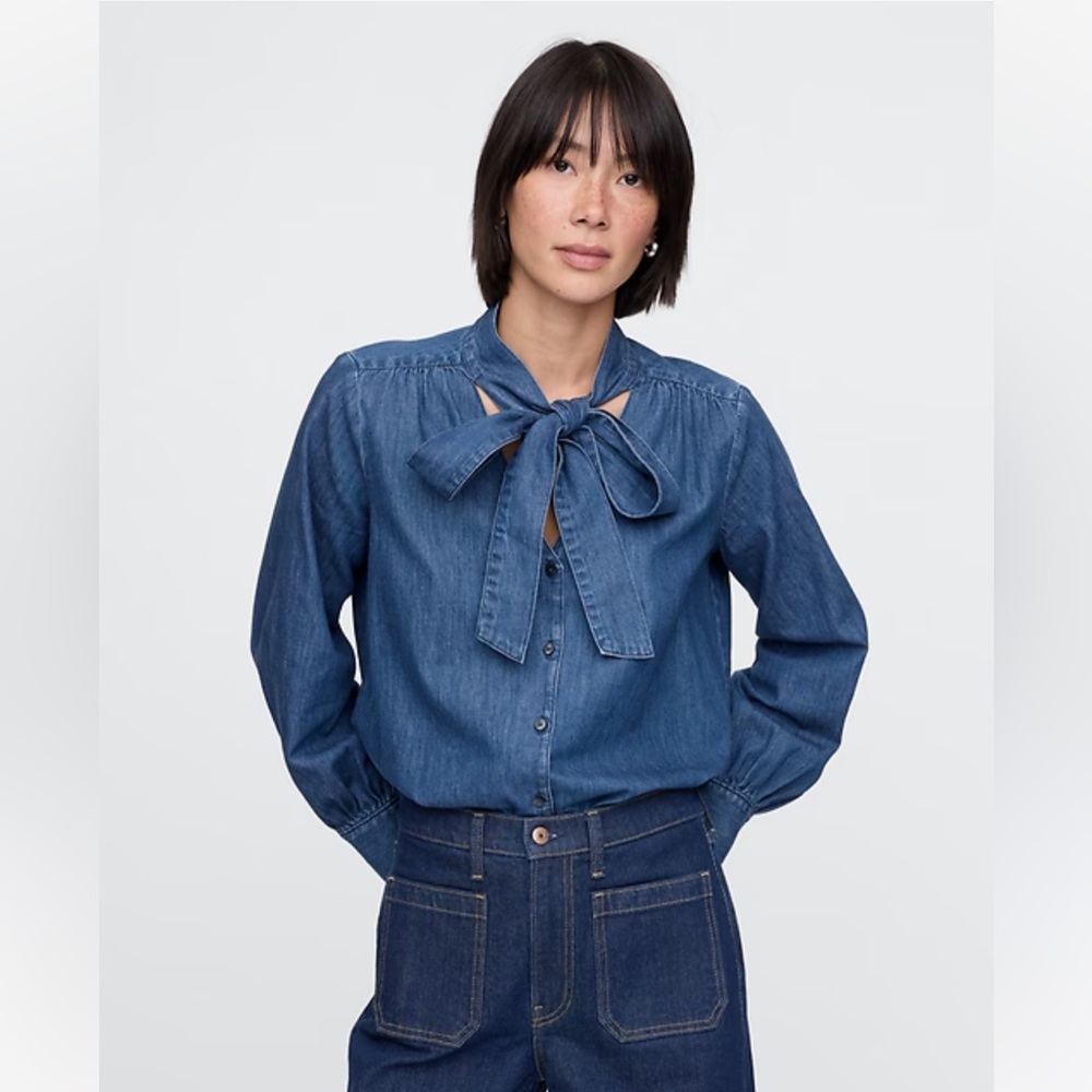 NWOT GAP Denim Tie Neck Shirt, SZ SM Petite